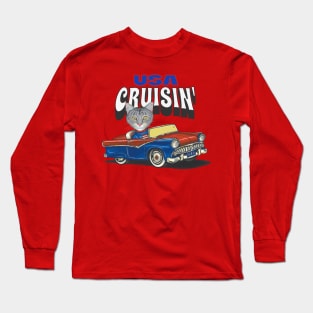 Humorous funny and cute gray tabby kitty cat cruisin' the USA with a vintage classic retro car tee Long Sleeve T-Shirt